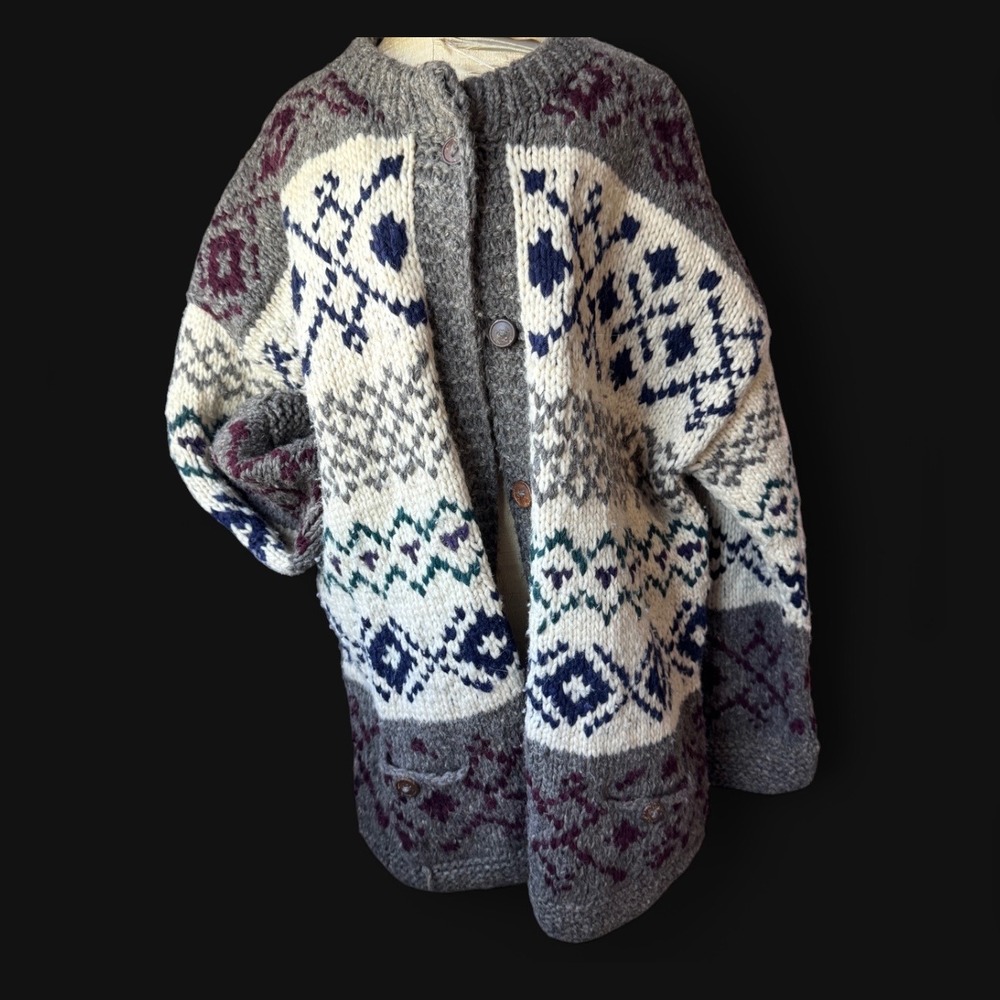 Rey Wear Vintage Handmade Cardigan Sweater XL* Gray Fair Isle Wool Chunky Knit